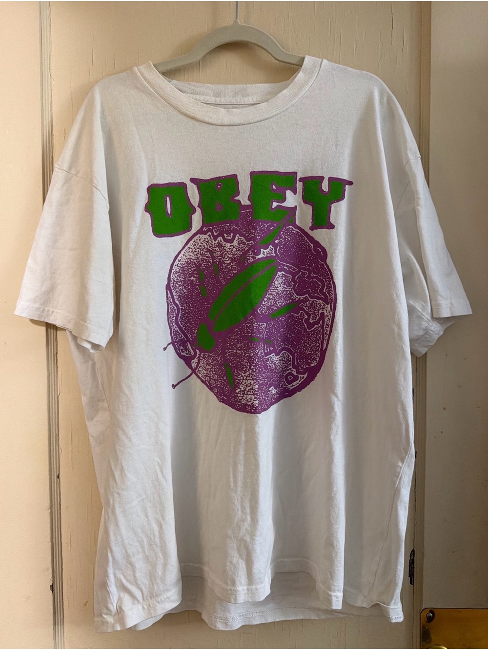Obey White Short Sleeve Tee with Green and Purple Graphic